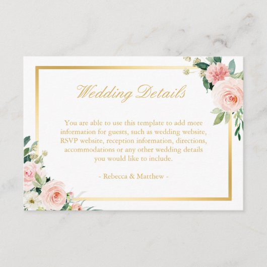 エレガント金ゴールド赤面ピンクフローラ結婚詳細 エンクロージャーカード (正面)