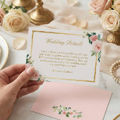 エレガント金ゴールド赤面ピンクフローラ結婚詳細 エンクロージャーカード