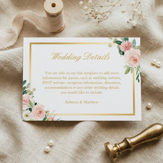 エレガント金ゴールド赤面ピンクフローラ結婚詳細 エンクロージャーカード