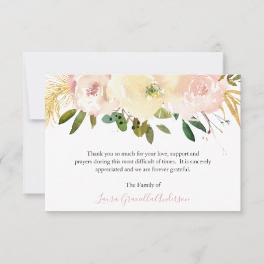 エレガント金ゴールド赤面ピンクフローラ葬儀 サンキューカード (正面)