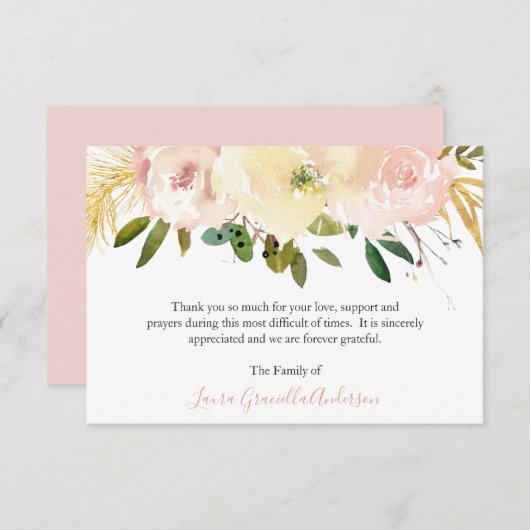 エレガント金ゴールド赤面ピンクフローラ葬儀 サンキューカード (正面/裏面)