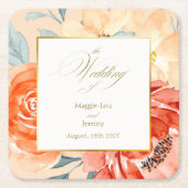 エレガント金ゴールド赤面フローラス結婚クリプト スクエアペーパーコースター (正面)