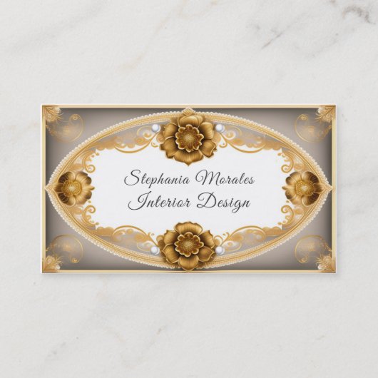 エレガント金ゴールド金属バラとホワイトパール 名刺 (正面)