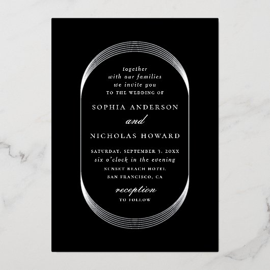 エレガント金ゴールド銀モダン黒結婚幾何学模様 箔招待状 (正面)