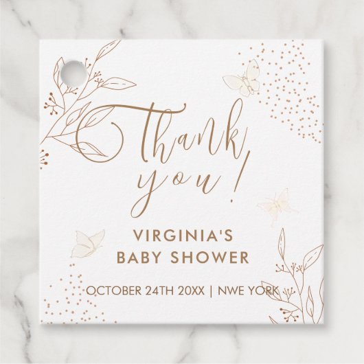 エレガント金ゴールド離れバタフライ赤ちゃんシャワー フェイバータグ (正面)