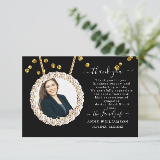 エレガント金ゴールド額写真の葬儀サンキューカード サンキューカード (スタンド正面)