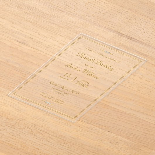 エレガント金ゴールド額誕生日パーティー アクリル招待状 (レイダウン)