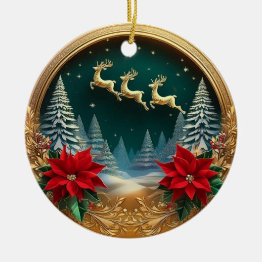 エレガント金ゴールド飛んでいるトナカイ、ポインセチア、鹿🦌 セラミックオーナメント (正面)