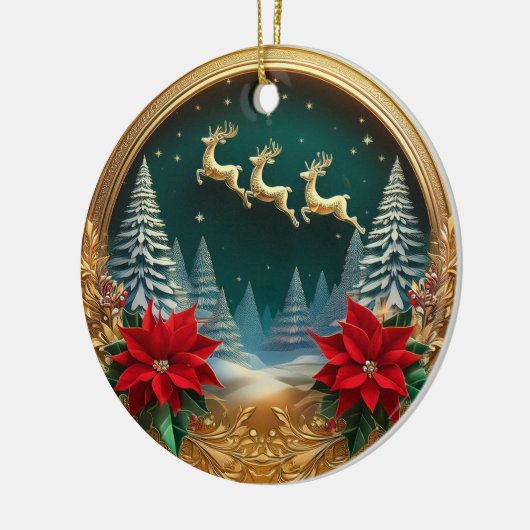 エレガント金ゴールド飛んでいるトナカイ、ポインセチア、鹿🦌 セラミックオーナメント (左)