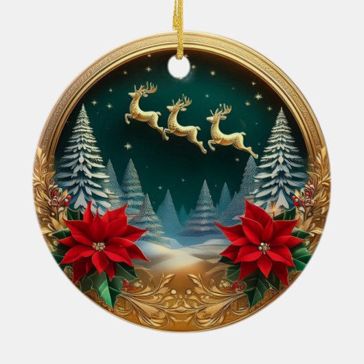 エレガント金ゴールド飛んでいるトナカイ、ポインセチア、鹿🦌 セラミックオーナメント (裏面)