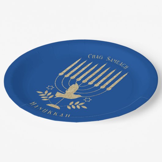 エレガント金ゴールド飛んでいるドヴ（ユダヤ教）メノラーブルーハヌカー ペーパープレート (アングル)