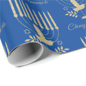 エレガント金ゴールド飛んでいるドヴ(ユダヤ教)メノラーブルーハヌカー ラッピングペーパー (ロールコーナー)