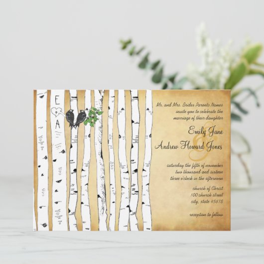 エレガント金ゴールド魅惑の森樺の木ツリ結婚ーズ 招待状 (スタンド正面)