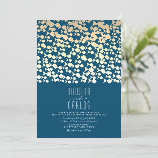 エレガント金ゴールド魚型ビーチ結婚式招待状 招待状 (スタンド正面)