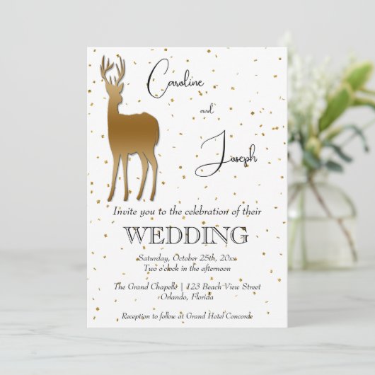 エレガント金ゴールド鹿と金ゴールド紙吹雪結婚ズ 招待状 (スタンド正面)