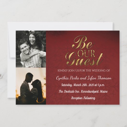 エレガント金ゴールド黒と赤カスタムの2枚の写真結婚 招待状 (正面)