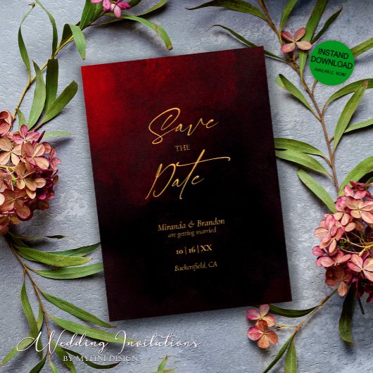 エレガント金ゴールド黒と赤結婚の セーブザデート