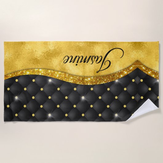 エレガント金ゴールド黒フェイクライン石モノグラム ビーチタオル (正面)