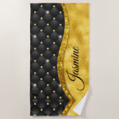 エレガント金ゴールド黒フェイクライン石モノグラム ビーチタオル (正面)
