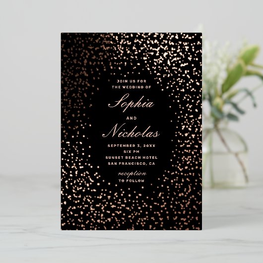 エレガント金ゴールド黒モダン結婚水玉模様 箔招待状 (立ち正面)