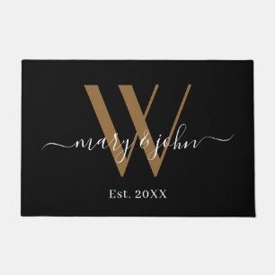 エレガント金ゴールド黒名Script Monogram結婚's ドアマット