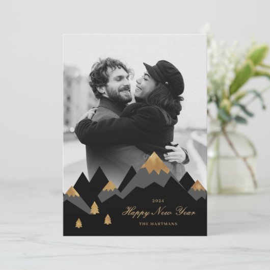 エレガント金ゴールド黒山写真新年 シーズンカード (スタンド正面)