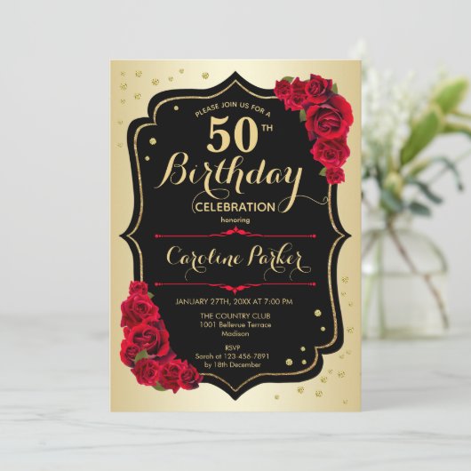 エレガント金ゴールド黒赤写真50誕生日 招待状 (スタンド正面)