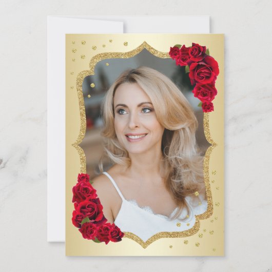 エレガント金ゴールド黒赤写真50誕生日 招待状 (裏面)