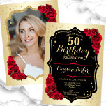 エレガント金ゴールド黒赤写真50誕生日 招待状<br><div class="desc">エレガントフローラ50歳の誕生日の招待状とカードの後ろの写真。グラムデザインフェイク金ゴールド。赤いバラ、スクリプトフォント、紙吹雪を備えている。大人スタイリッシュのお祝いパーティーに最適。独自の詳細でパーソナライズどんなカスタマイズ年でもいい！印刷されたZazzle招待状または即時ダウンロードのデジタル印刷可能なテンプレート。</div>