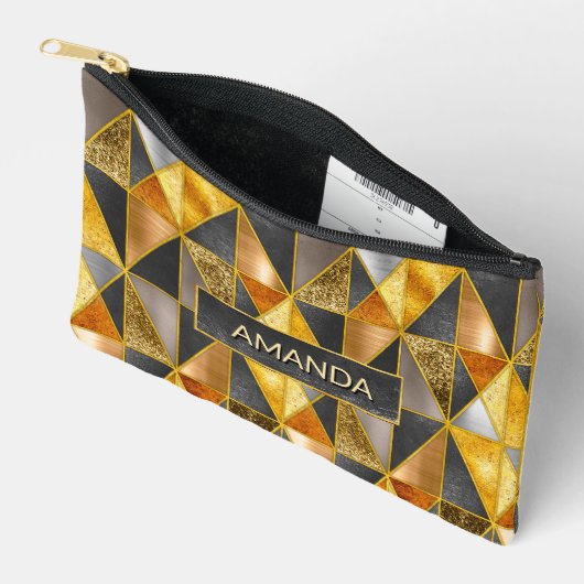 エレガント金ゴールド黒銀幾何三角形 アクセサリーポーチ (見開き)