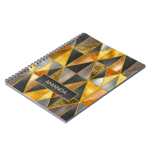 エレガント金ゴールド黒銀幾何三角形 ノートブック (左側)