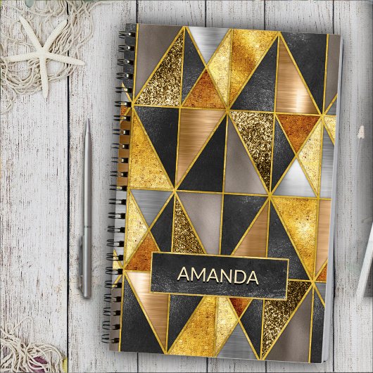 エレガント金ゴールド黒銀幾何三角形 ノートブック