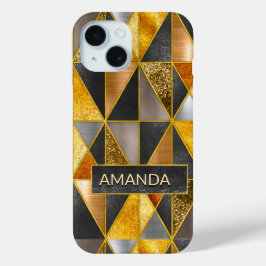 エレガント金ゴールド黒銀幾何三角形 iPhone 15ケース