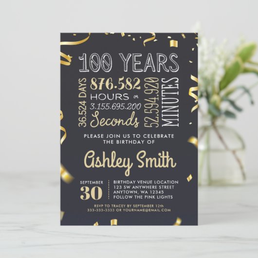エレガント金ゴールド100番目の誕生日招待状- 100年 招待状 (スタンド正面)