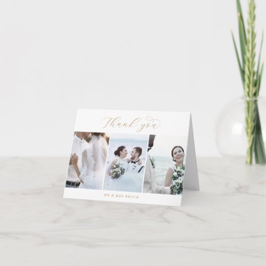 エレガント金ゴールド3写真テンプレート折り畳み有難う サンキューカード (正面)