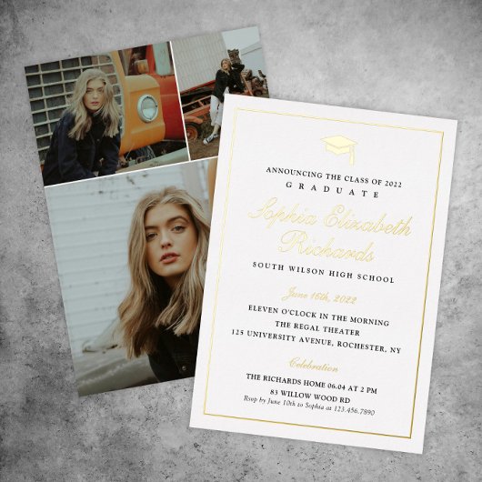 エレガント金ゴールド3写真卒業 箔招待状