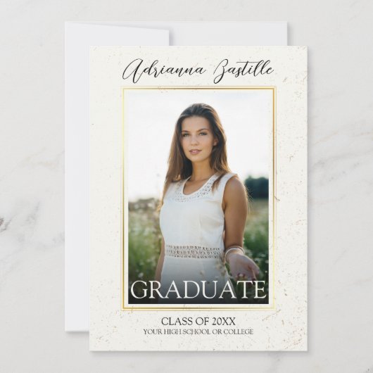 エレガント金ゴールド3写真書道卒業パーティー 招待状 (正面)