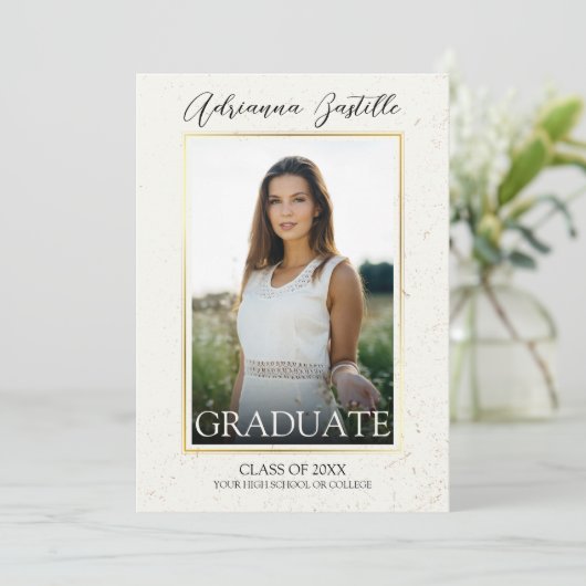 エレガント金ゴールド3写真書道卒業パーティー 招待状 (スタンド正面)