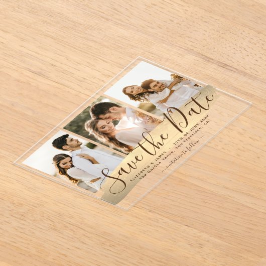 エレガント金ゴールド3写真結婚式の日付の保存 アクリル招待状 (レイダウン)