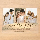 エレガント金ゴールド3写真結婚式の日付の保存 アクリル招待状 (正面)