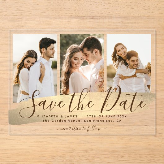 エレガント金ゴールド3写真結婚式の日付の保存 アクリル招待状 (正面)