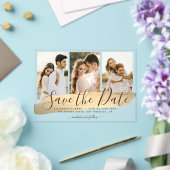 エレガント金ゴールド3写真結婚式の日付の保存 アクリル招待状 (インサイチュ (ウェディング))