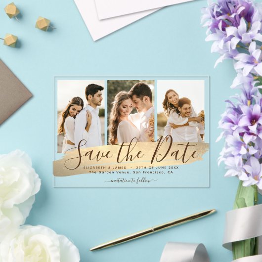 エレガント金ゴールド3写真結婚式の日付の保存 アクリル招待状 (インサイチュ (ウェディング))