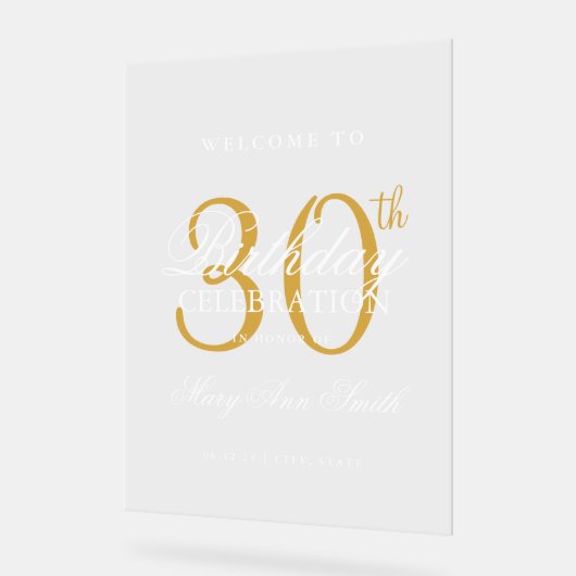 エレガント金ゴールド30歳の誕生日パーティーへようこそ アクリルサイン (傾斜)