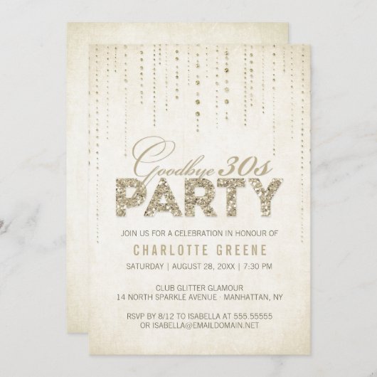 エレガント金ゴールド30歳40歳の誕生日パーティー 招待状 (正面/裏面)