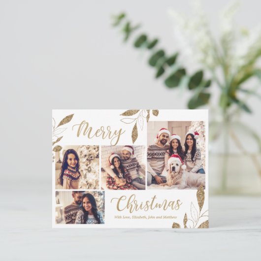 エレガント金ゴールド4フォトコラージュ植物性クリスマス ポストカード (スタンド正面)