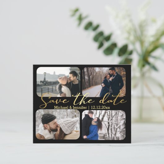 エレガント金ゴールド4枚の写真コラージュ黒い日付を保存 (スタンド正面)