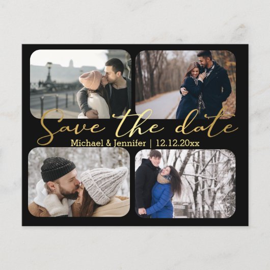 エレガント金ゴールド4枚の写真コラージュ黒い日付を保存 (正面)