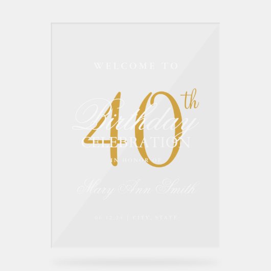 エレガント金ゴールド40歳の誕生日パーティーへようこそ アクリルサイン (正面)