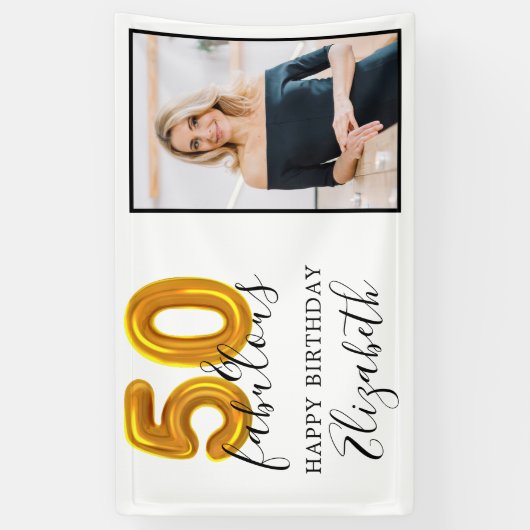 エレガント金ゴールド50と素晴らしい50番目の誕生日写真 横断幕 (縦)